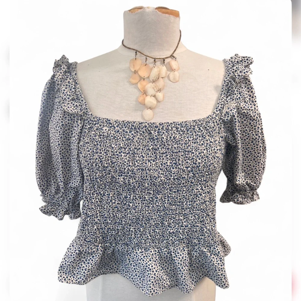 Topshop Blue Floral Smocked Puff Sleeve Blouse Ruffle Neck US 10